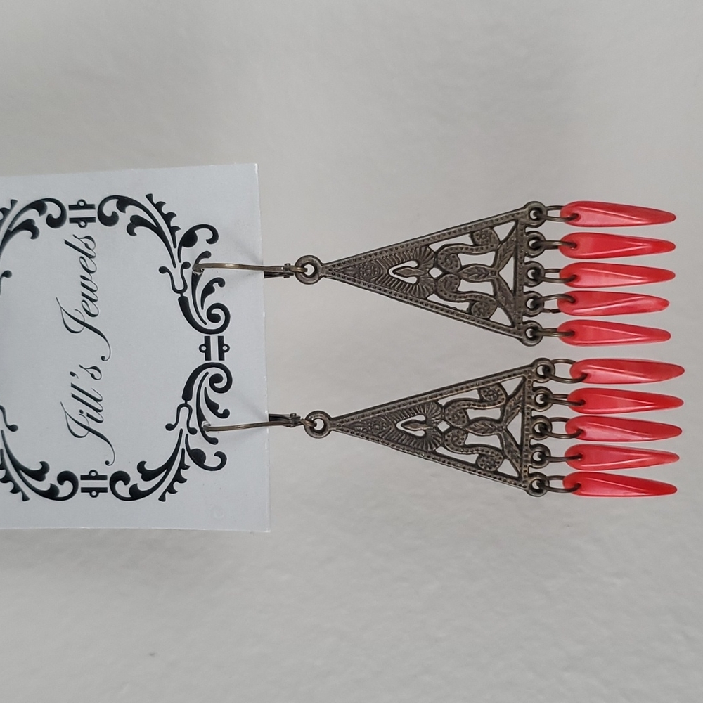 Pewter and Coral Geometric Earrings